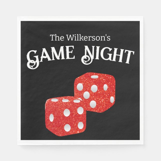 Game Night Red Glitter Dice on Black Napkin (Front)