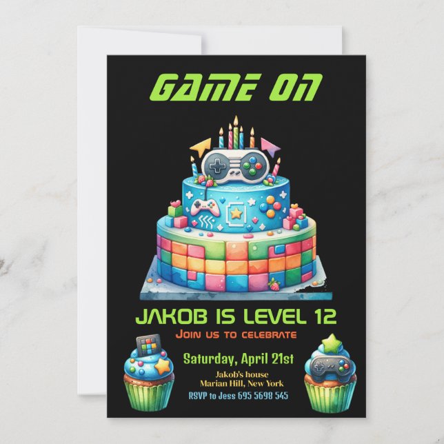Game Night Video Gamer Cake Kids Birthday Party  Invitation (Front)