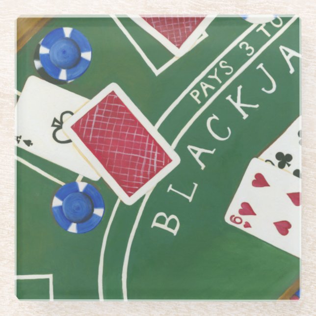 Game of Blackjack with Chips by Chariklia Zarris Glass Coaster (Front)