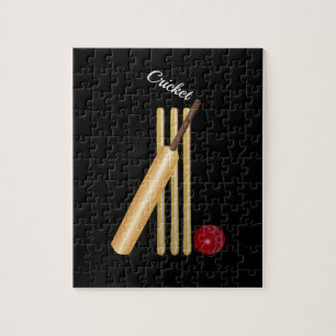 Game of Cricket, Bat and Ball, White Text Jigsaw Puzzle