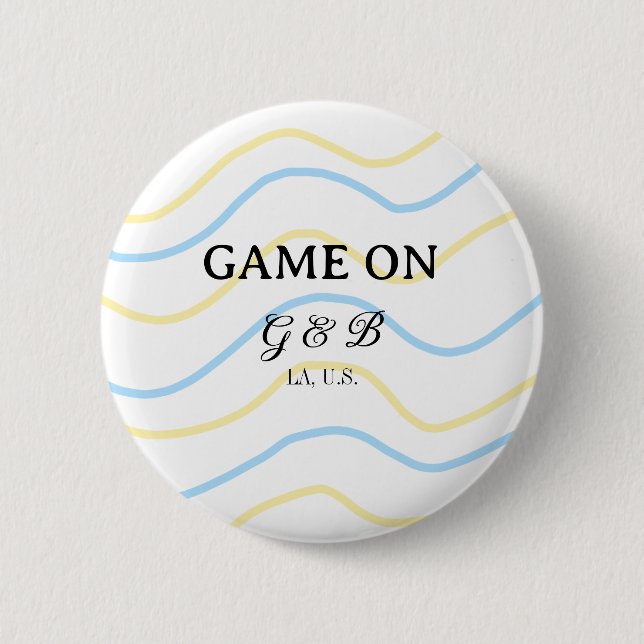 Game on add couple name wedding party place city g 6 cm round badge (Front)