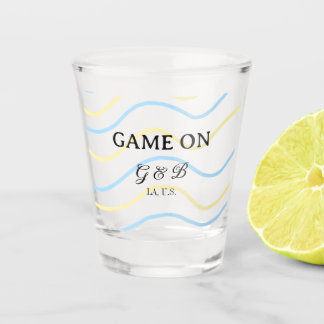 Game on add couple name wedding party place city g shot glass