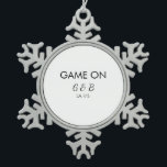 Game on add couple name wedding party place city g snowflake pewter christmas ornament<br><div class="desc">design</div>