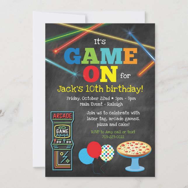 Game On Arcade Pizza Party Chalkboard Invitation (Front)