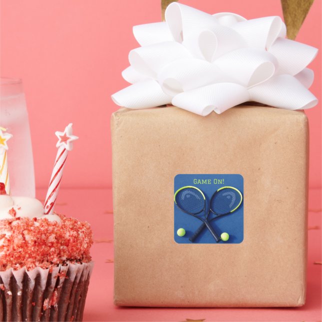 "Game On" Blue Rackets and Balls Tennis Square Sticker (Party)