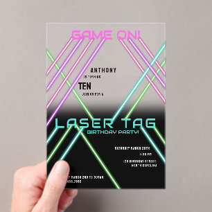  Game On Colorful Neon Laser Tag Birthday Acrylic Invitations