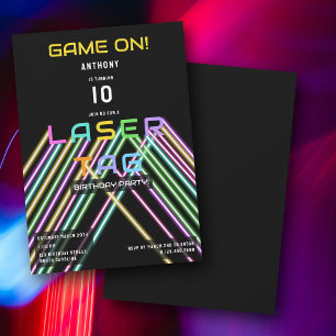  Game On Colorful Neon Laser Tag Birthday Invitation