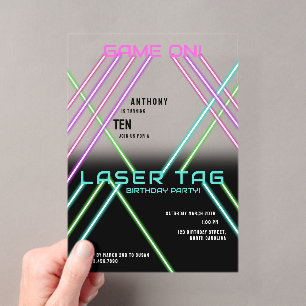 Game On Colourful Neon Laser Tag Birthday Acrylic Invitations