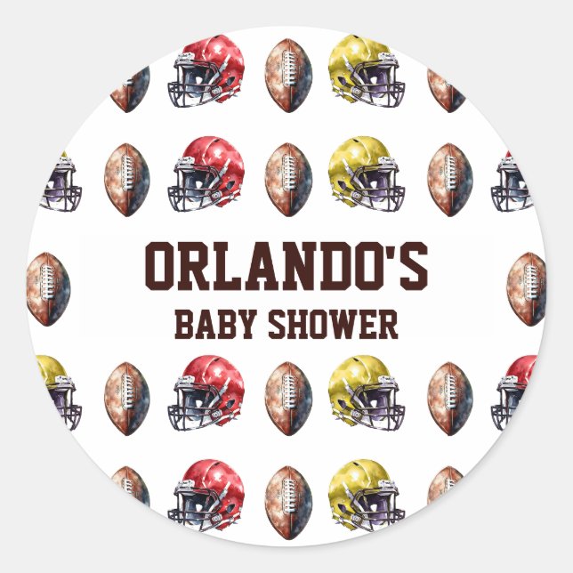 Game On Football Baby Shower Classic Round Sticker (Front)