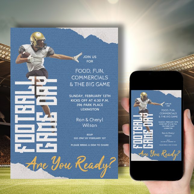 Game On Football Player on Blue Invitation (American Football Player on Blue Bowl Game Invitations - order INSTANT DOWNLOAD, PRINTED or both!)