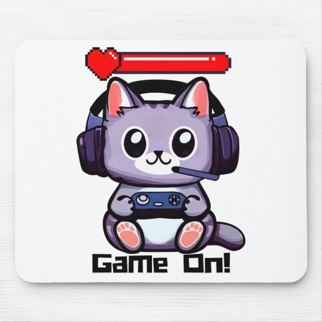 Game On Gamer Cat With Health Bar  Mouse Pad (Front)