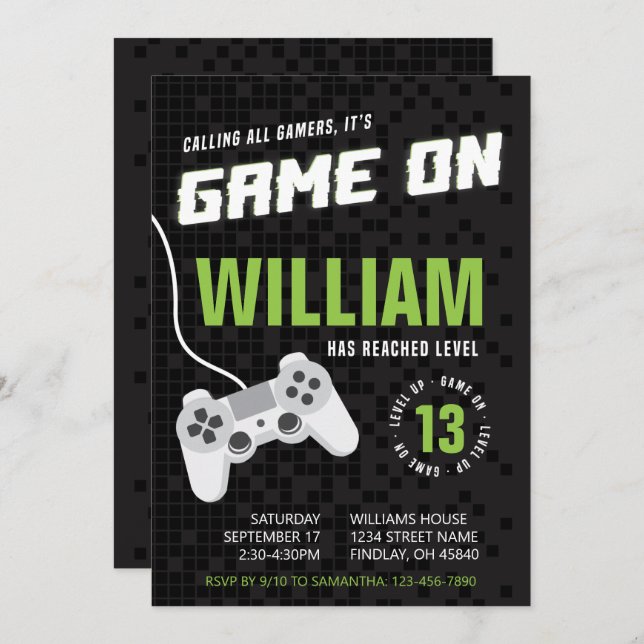 Game On Gaming Neon Green, Any Age Birthday Party Invitation (Front/Back)