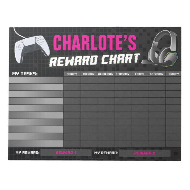 Game On Gaming Neon Pink Reward Chart Personalised Notepad (Front)