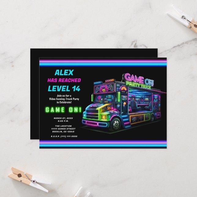 Game on! Gaming Truck Video Game Birthday Party Invitation (Front/Back In Situ)