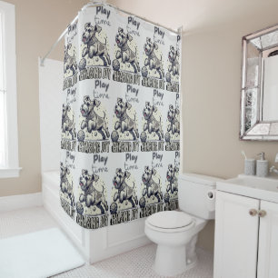 Game On: Grey Pup’s Playful Ball Chase Shower Curtain
