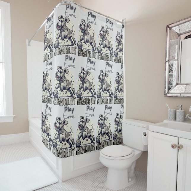 Game On: Grey Pup’s Playful Ball Chase Shower Curtain (In Situ)