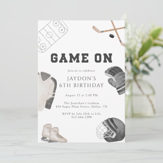 Game On Hockey Birthday Party Neutral Sports Kids  Invitation (Standing Front)