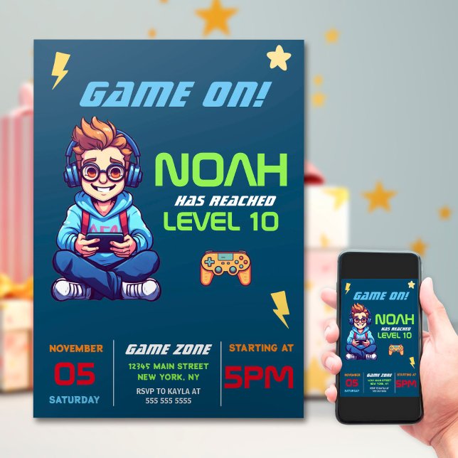 Game On Level Up Blue Video Game Birthday Party Invitation (Creator Uploaded)