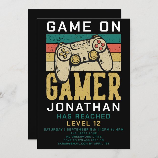 Game On Level Up Video Game Birthday Party Invitation (Front/Back)