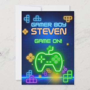 Game on neon green, blue, yellow gamer Invitation