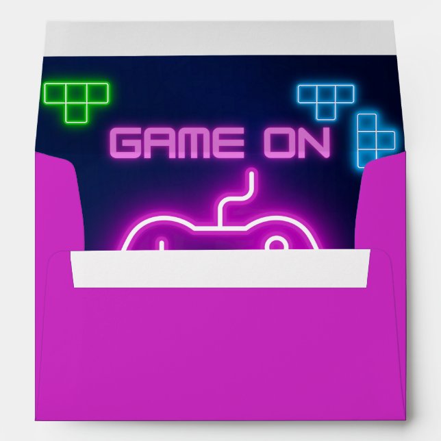Game on neon pink, and blue envelope (Back (Bottom))