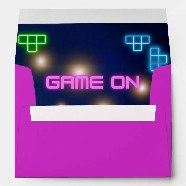 Game on neon pink, and blue envelope (Back (Bottom))
