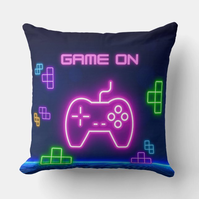 Game on neon pink and green video gamer cushion (Front)