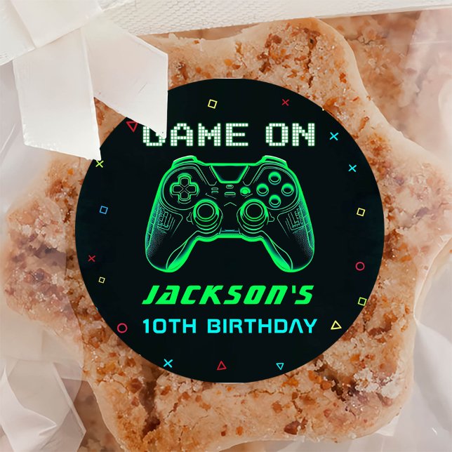 Game On Neon Video Game Birthday Classic Round Sticker (Creator Uploaded)