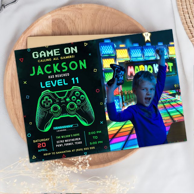 Game On Neon Video Game Birthday Party Photo Invitation (Creator Uploaded)