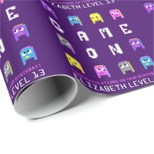 Game on pixel alien gamers purple 13th birthday wrapping paper