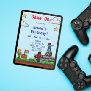Game On! Pixel Block Game Birthday Invitation