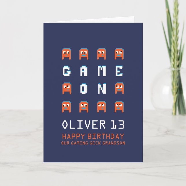 Game on pixel monster alien grandson 13th birthday card (Front)