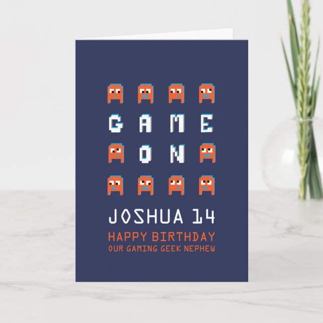 Game on pixel monsters gamer nephew 14th birthday card (Front)