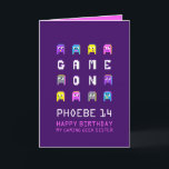 Game on pixel monsters gamer sister 14th birthday card<br><div class="desc">Purple and pink,  blue and yellow colorful alien monster pixel graphic characters on dark purple,  personalized 14th sister birthday card. Fun crazy block graphic pixel 3d crazy monsters aliens video gaming themed sister or other relatives birthday card. Other matching items are available. Designed by www.mylittleeden.com on Zazzle.</div>