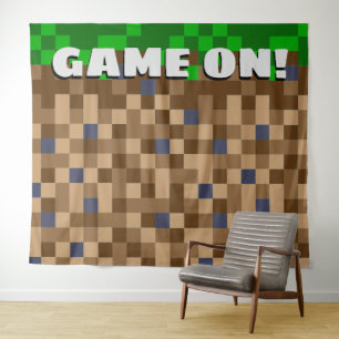 Game On Pixelated Block Gaming Birthday Backdrop Tapestry