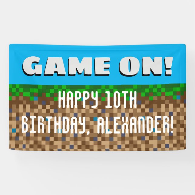 Game On Pixelated Grass Block Gaming Birthday Banner (Horizontal)