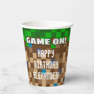 Game On Pixelated Grass Block Gaming Birthday Squa Paper Cups