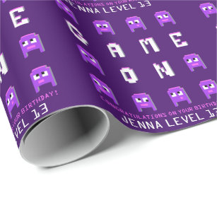 Game on retro alien gamers purple custom birthday wrapping paper