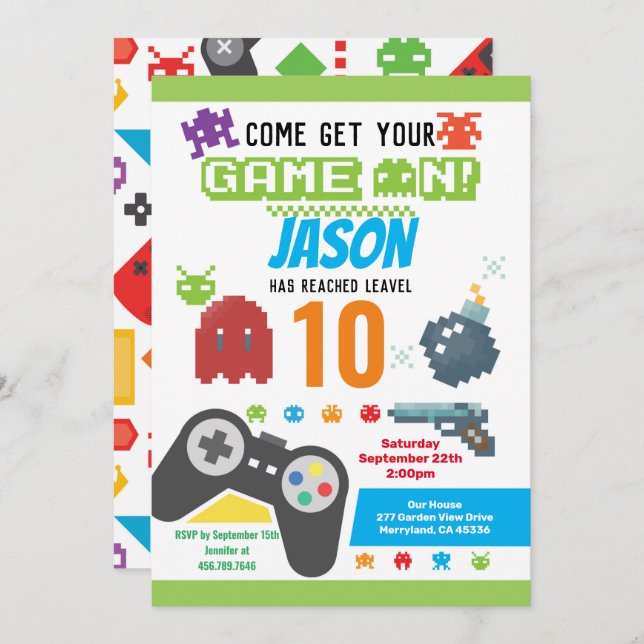 Game On Video Game Birthday Party Invitation (Front/Back)