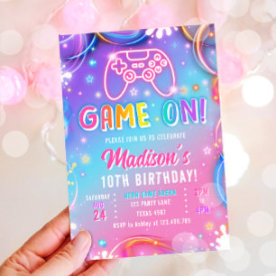 Game On Videogame Arcade VR Neon Girl Birthday Invitation