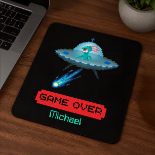 'Game Over' Alien Flying UFO Spaceship, Pixel Art Mouse Pad