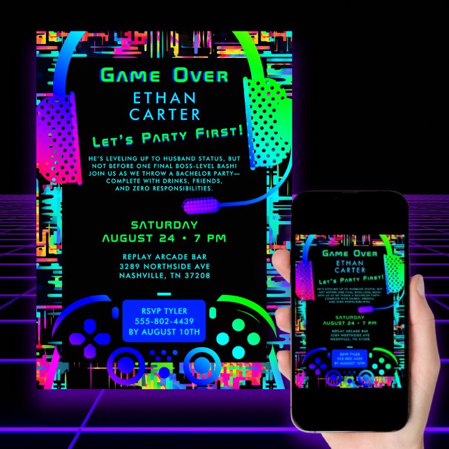 Game Over Bachelor Party Video Arcade Theme Invitation (Creator Uploaded)