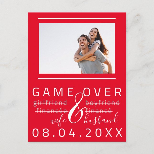 Game Over Funny Save The Date Photo red White Postcard (Front)