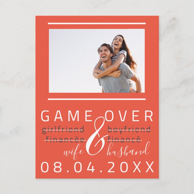 Game Over Funny Save The Date Photo Wow Coral Postcard (Front)