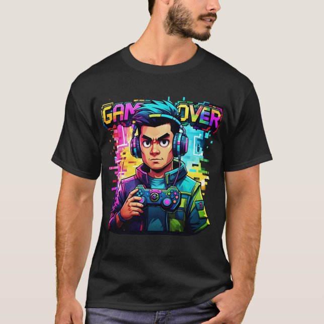 Game Over Glitch T-Shirt Retro Neon Gamer Tee (Front)