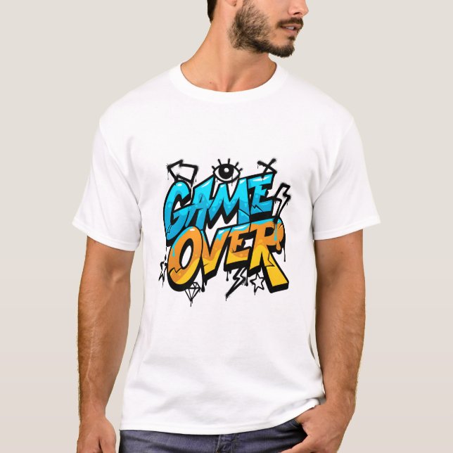 Game Over Graffiti Design – Blue and Orange Street T-Shirt (Front)