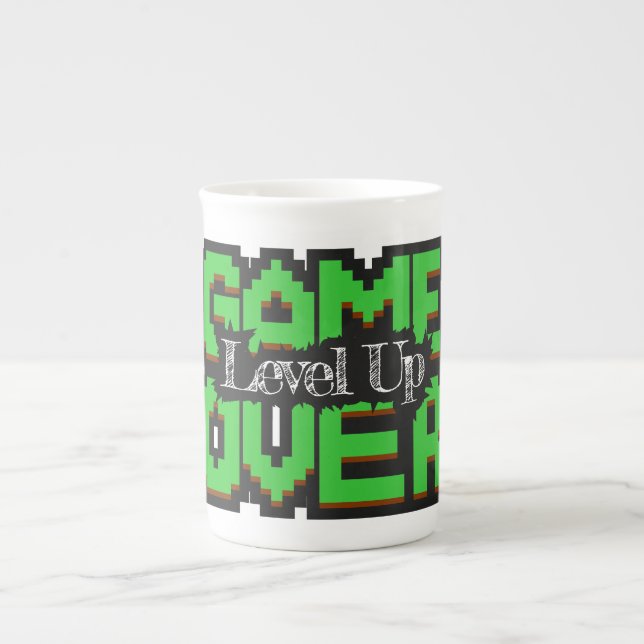 Game Over, Level Up: Pixelated Retro Game World Bone China Mug (Front)