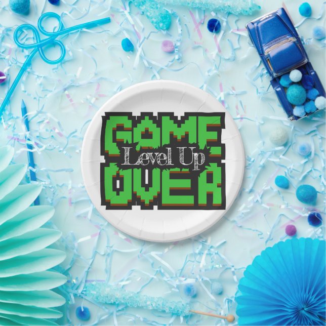 Game Over, Level Up: Pixelated Retro Game World Paper Plate (Party)