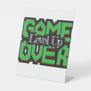 Game Over, Level Up: Pixelated Retro Game World Pedestal Sign