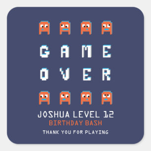 Game over monster aliens birthday party thank you square sticker